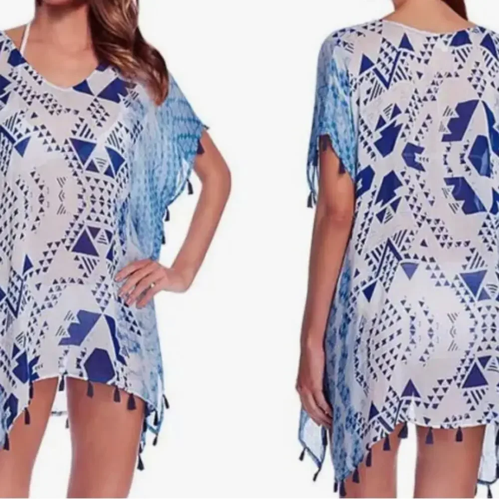 Cupshe NEW Blue White Geometric Print Boho Trim Swimsuit Bathing Suit Cover Up